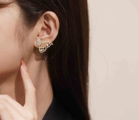 Korean Zircon And Pearl Butterfly Front Back Earrings